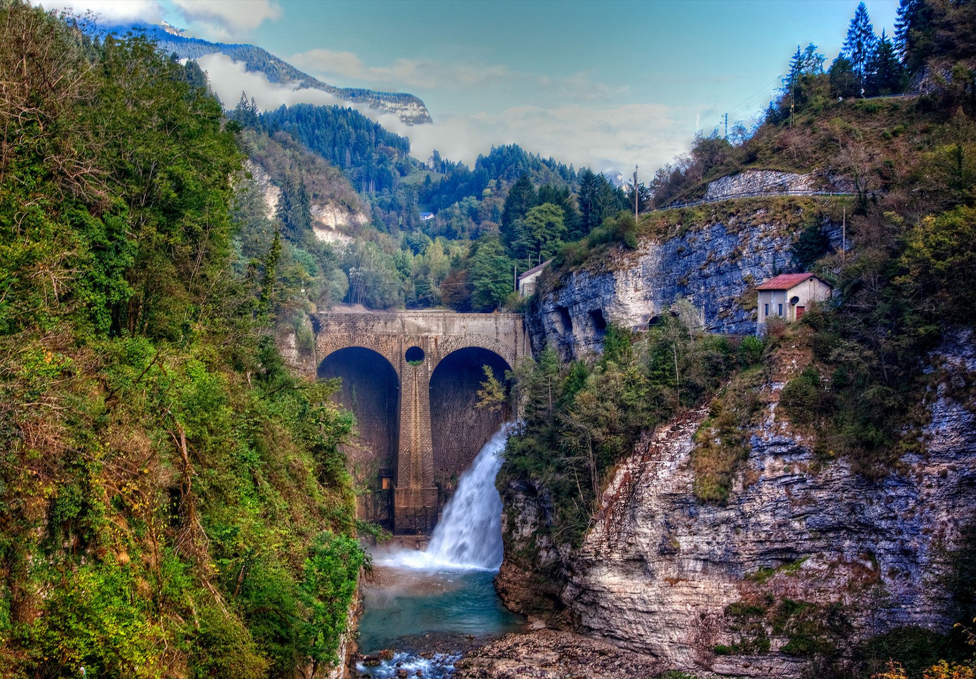 mountain forest river waterfall