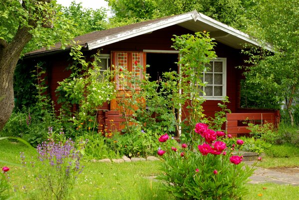 Summer house on the background of flowers and green trees