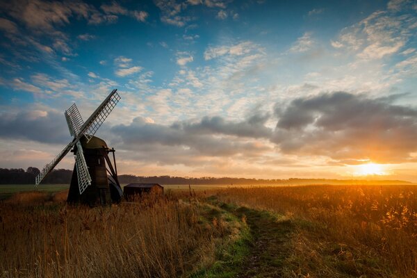 A delightful sunrise in the early morning in a field with a windmill