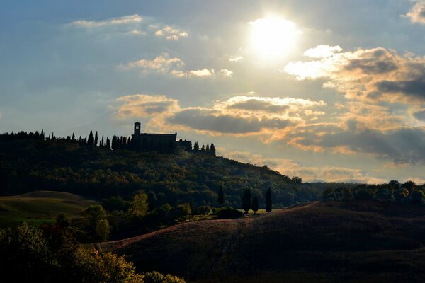 Beautiful view in Italy fields trees house sun