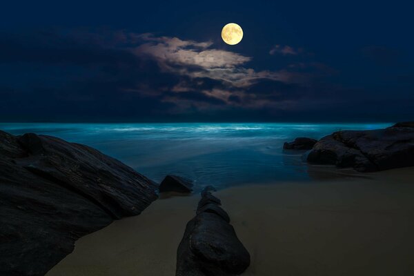 Pełnia księżyca przy skałach w nocy przy plaży