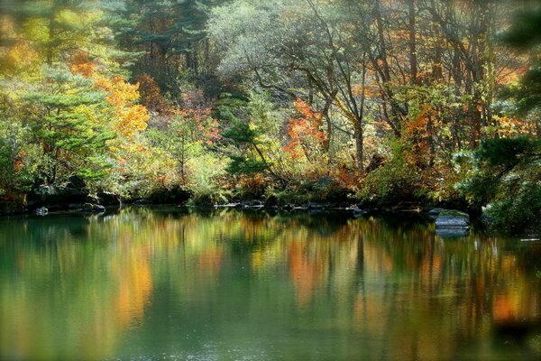 Ein Spiegelbild der Herbstlandschaften im See