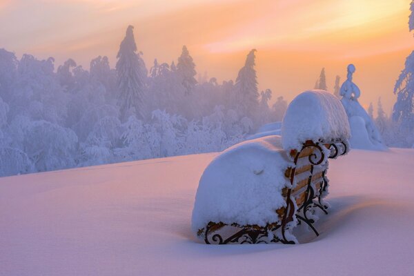 Ośnieżona ławka w zaspach śnieżnych i na tle ośnieżonego lasu
