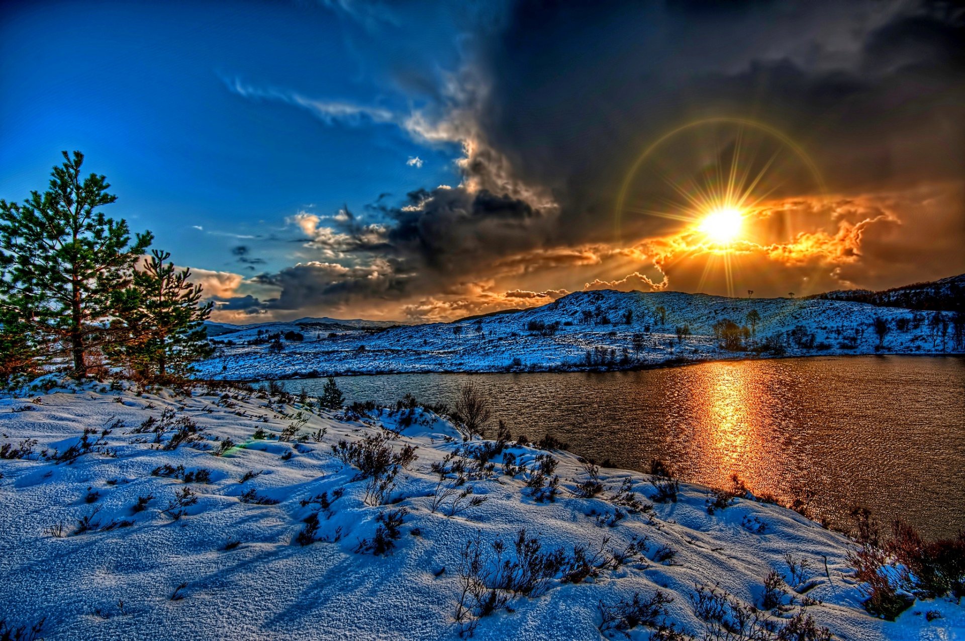 natura inverno tramonto sole neve fiume cielo nuvole bianco paesaggio inverno bianco fresco bello