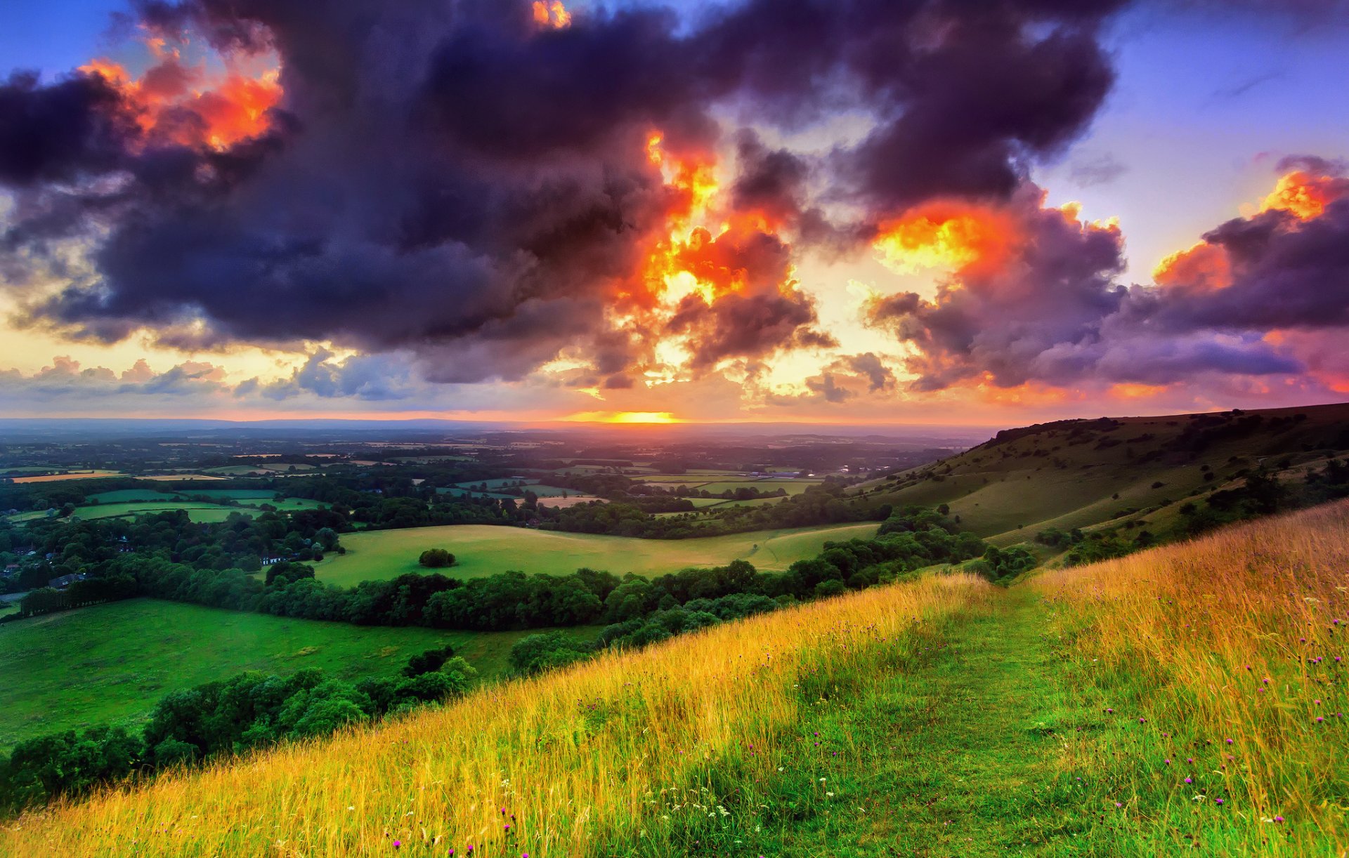 england westsussex mitte sussex hassocks dorf feldtal natur landschaft feld gras grün bäume fußweg morgen sonnenaufgang sonne himmel wolken wolken