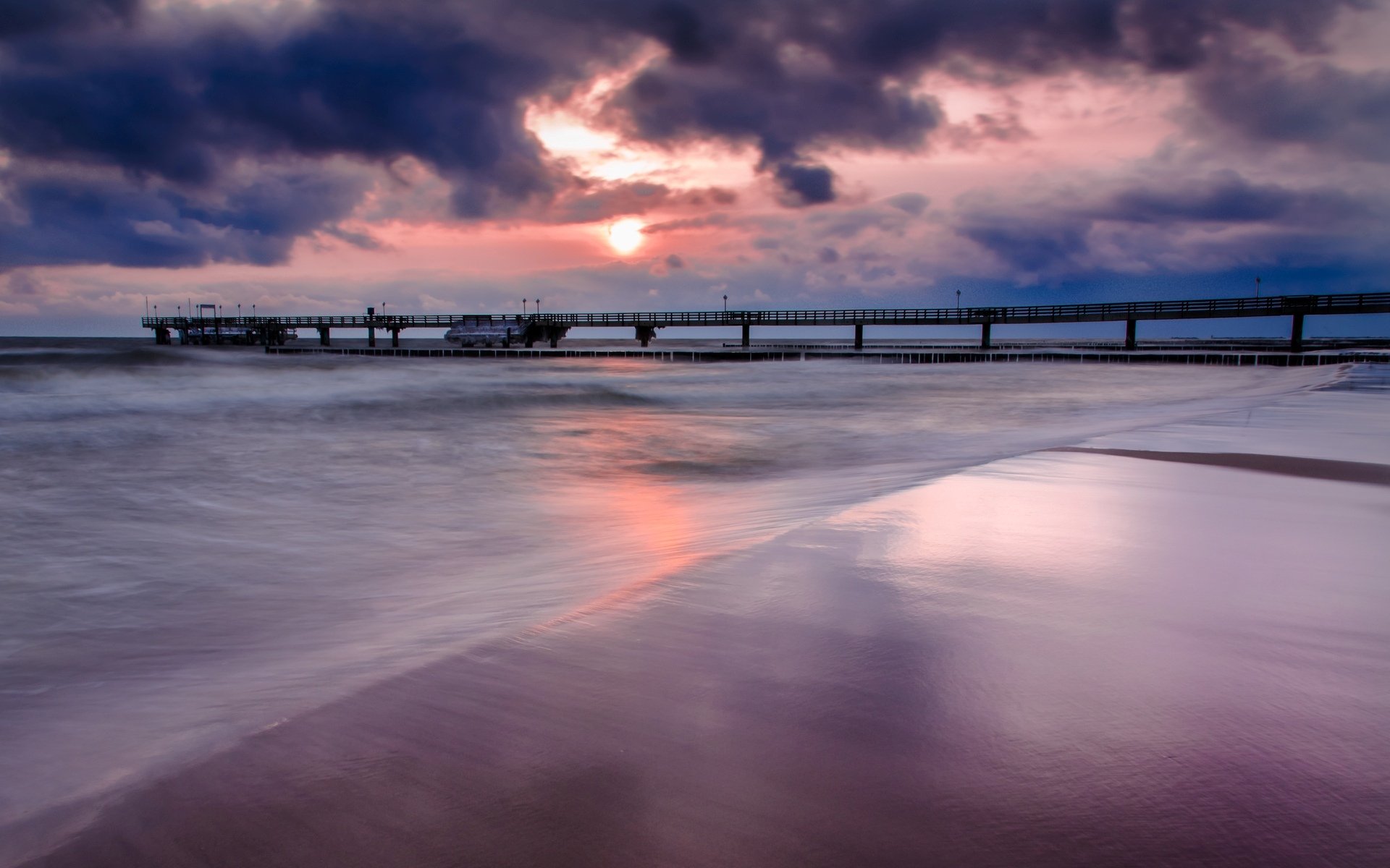 krajobraz natura morze rzeka woda ocean most molo różowy niebo chmury tło wieczór tapeta panoramiczny pełny ekran panoramiczny panoramiczny