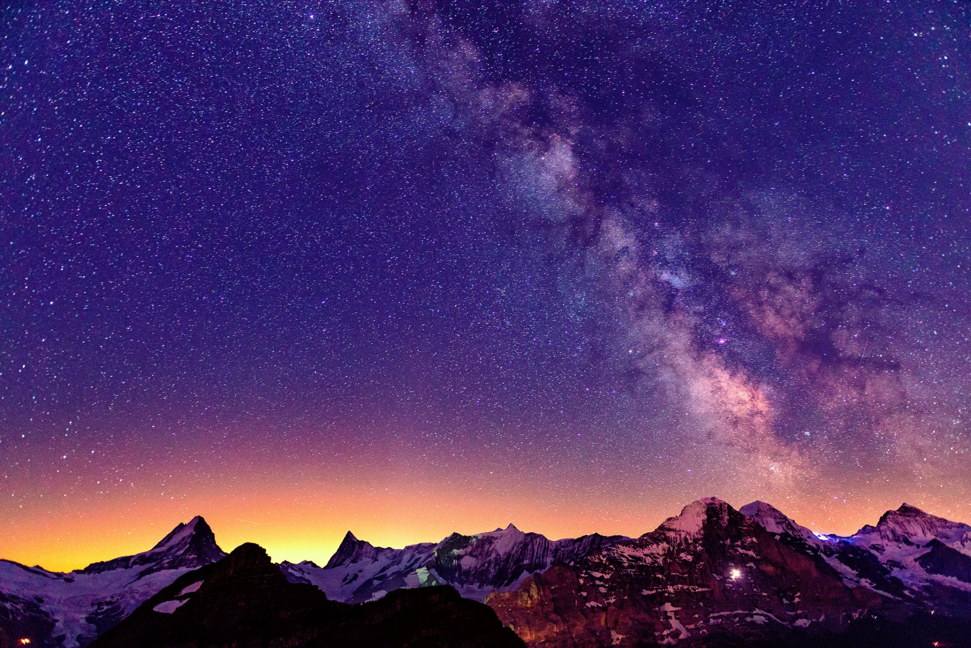 suiza montañas alpes noche luz cielo estrellas vía láctea