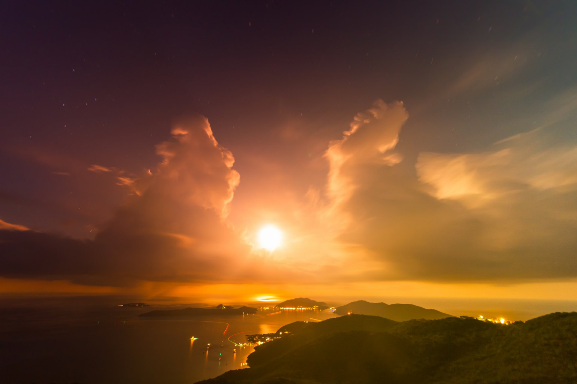 berge bucht inseln sonne wolken abend sonnenuntergang lichter