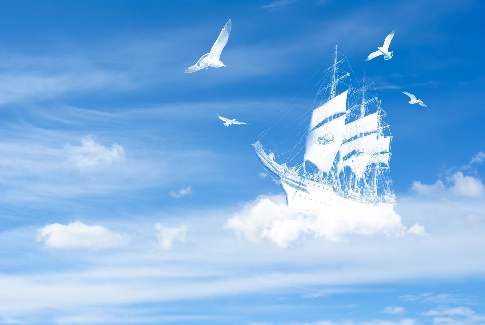 landscape sky clouds ship ships yacht poultry birds white blue background wallpaper widescreen full screen hd wallpapers fullscreen