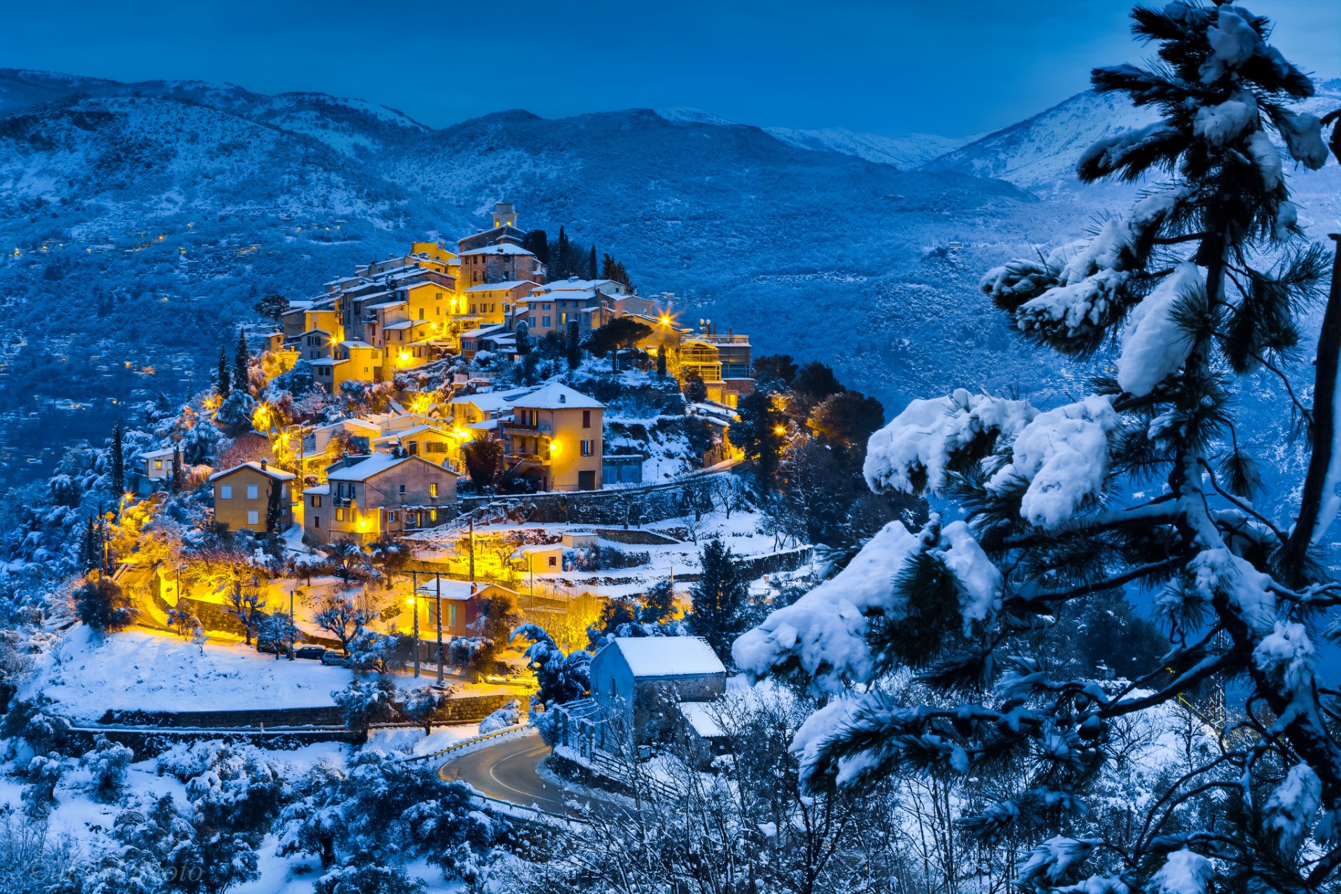 mountain forest snow winter village night twilight light