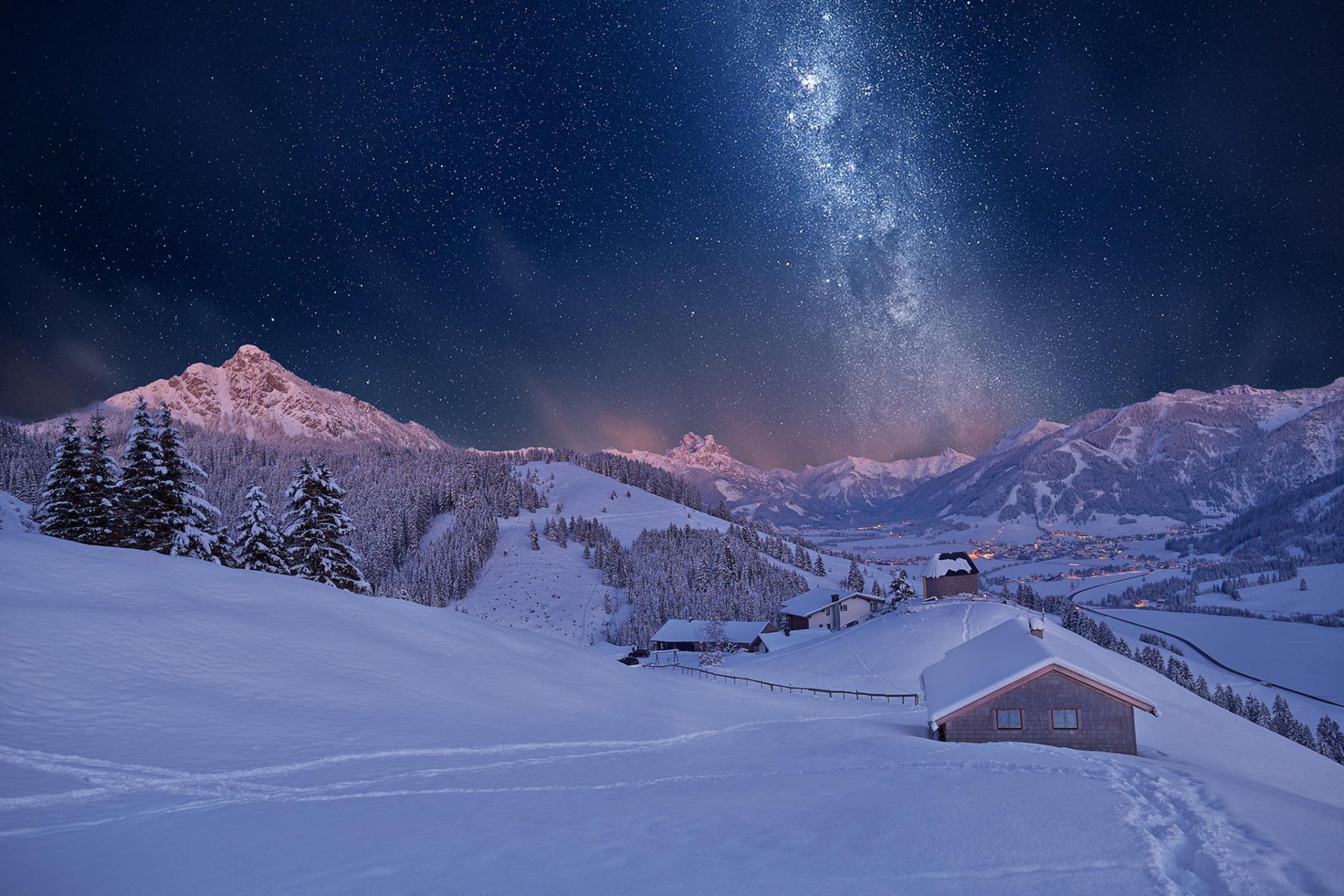 hiver neige nuit montagnes maison