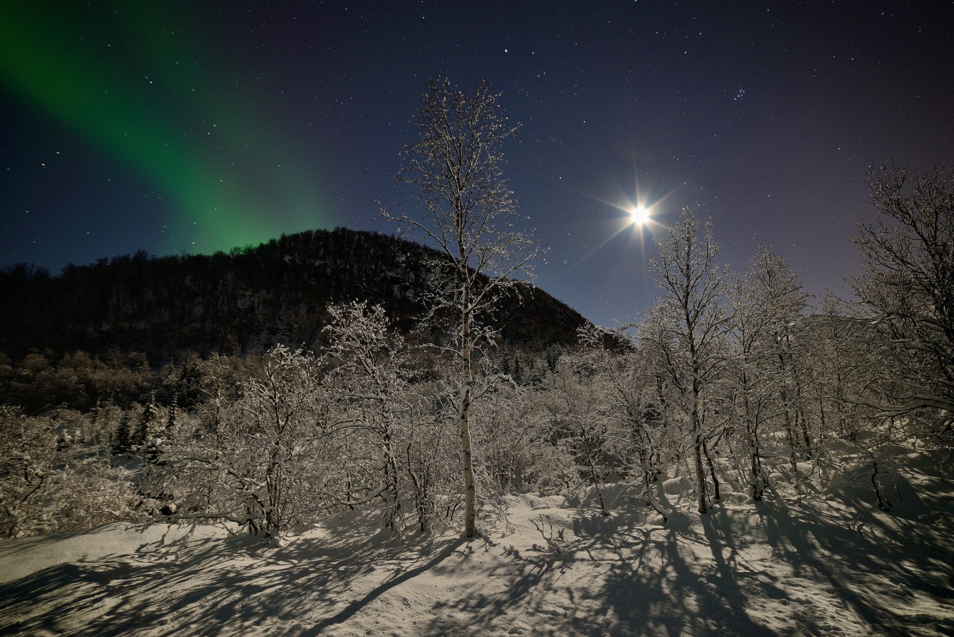 norwegia noc góry las drzewa śnieg zima gwiazdy księżyc zorza polarna