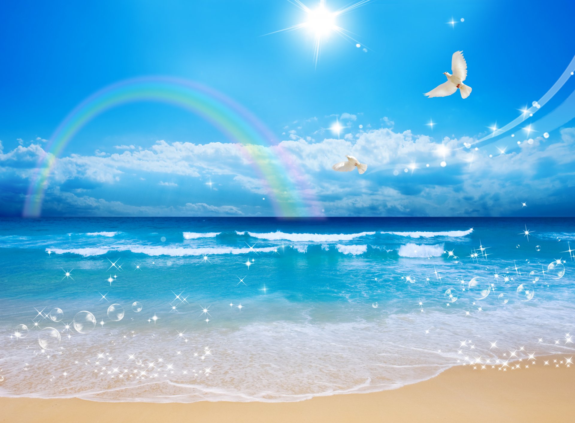 landscape sea waves beauty bubbles beach sand white doves flight sky sun rainbow cloud