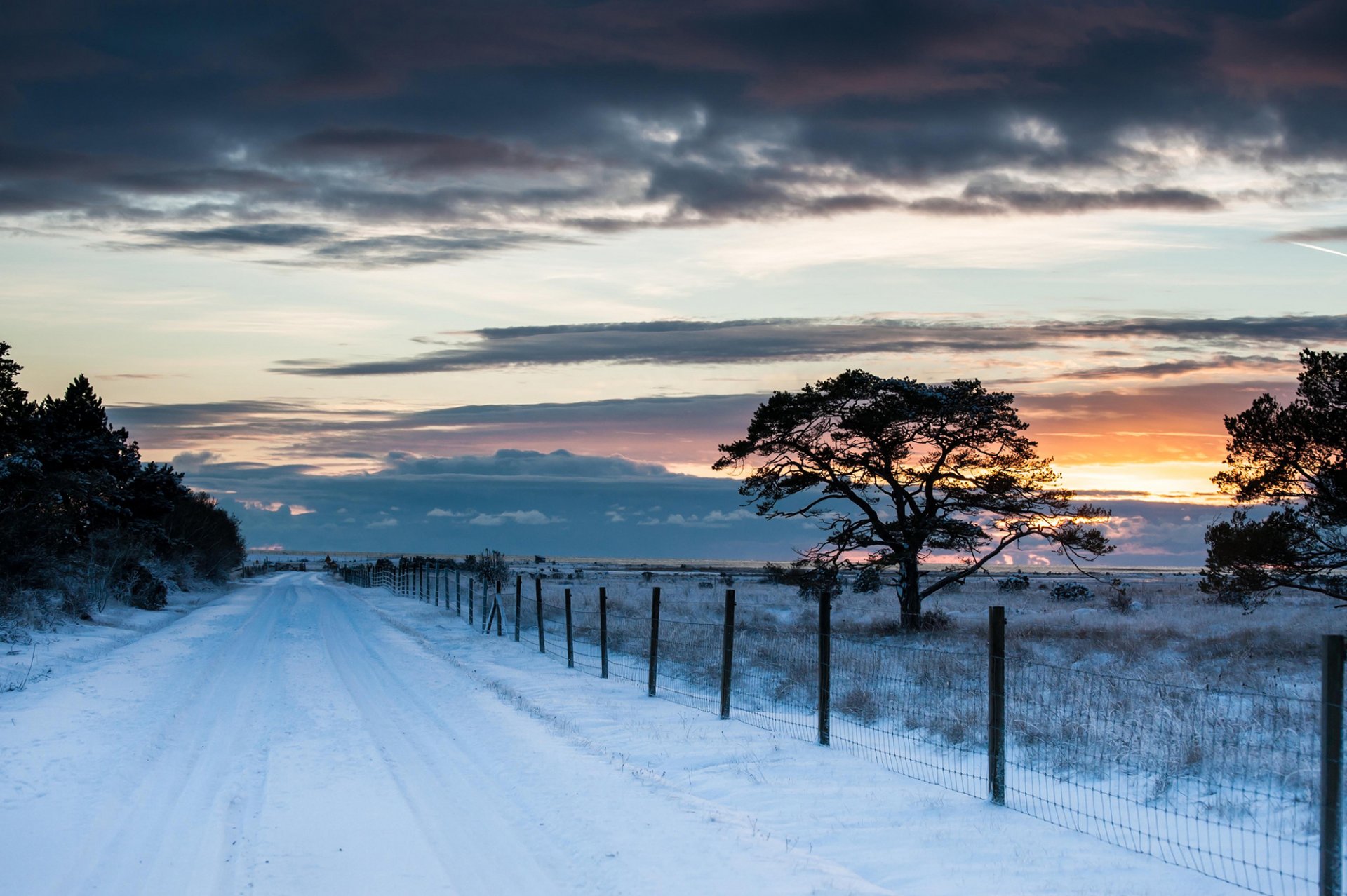 feld straße zaun zaun bäume schnee winter sonnenuntergang himmel wolken natur landschaft