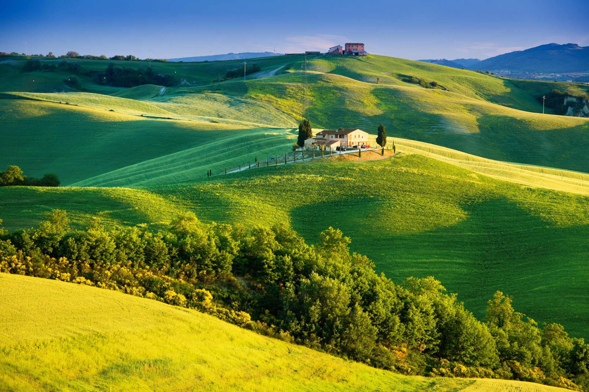 italia toscana estate campagna paesaggio natura alberi cielo campo verde casa luce del sole estate campagna campi verdi