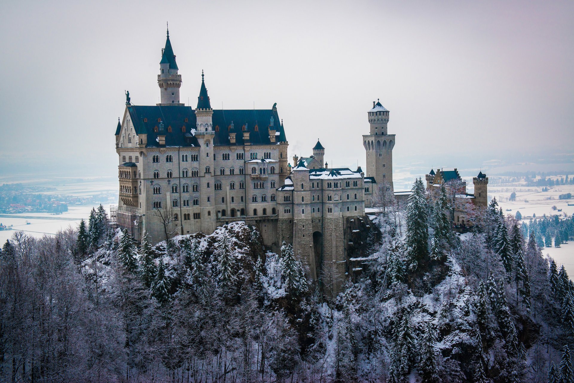 neuschwanstein germany bayern munich castle ludwig winter snow sky the distance tree tower forest