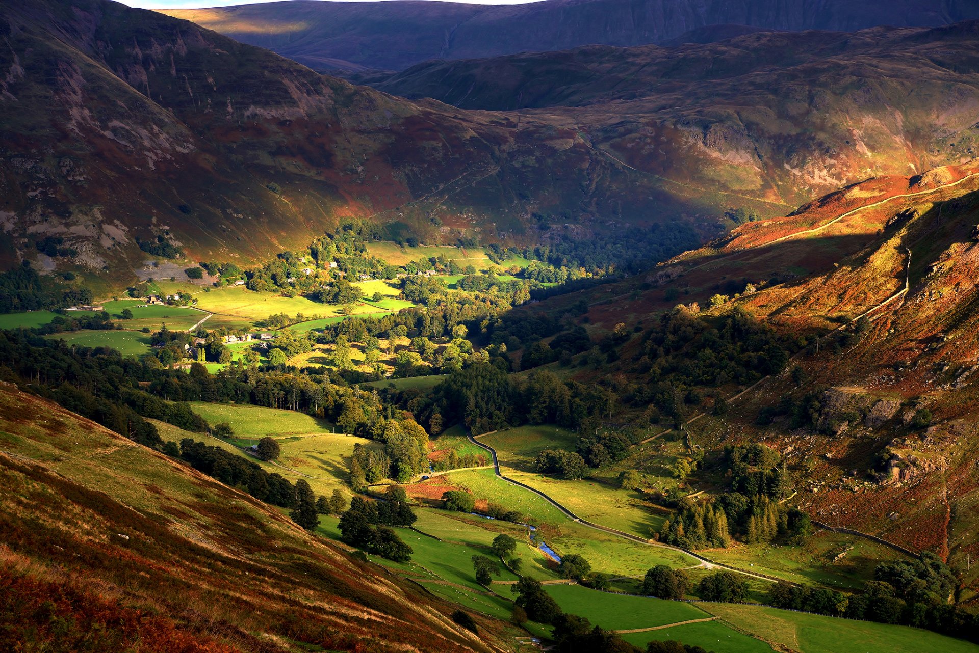 england valley hills village autumn light slopes tree