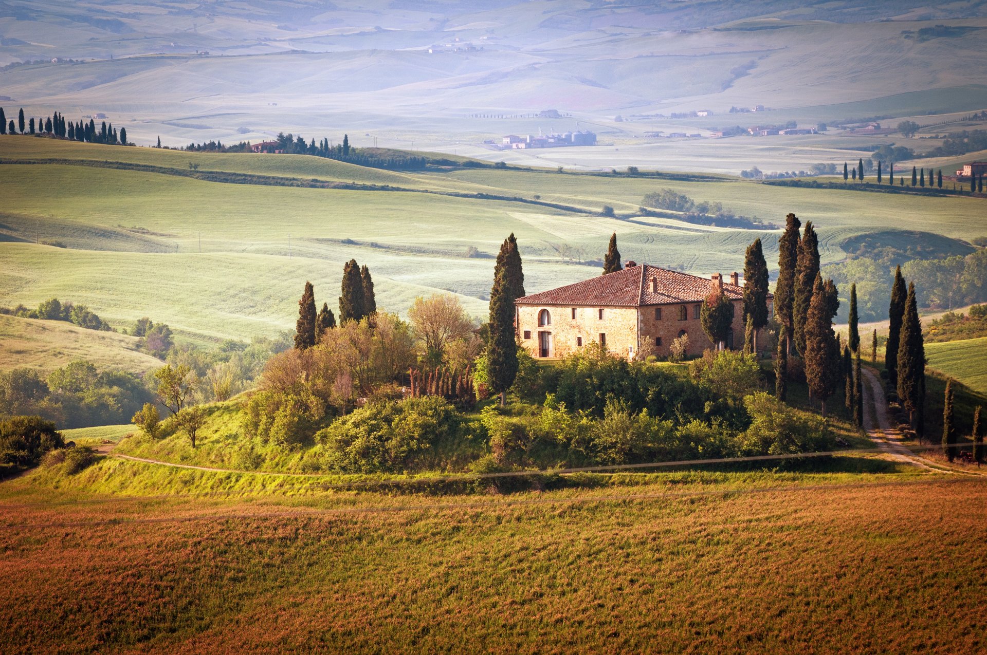 italy tuscany summer countryside landscape nature trees sky green field house summer countryside green field