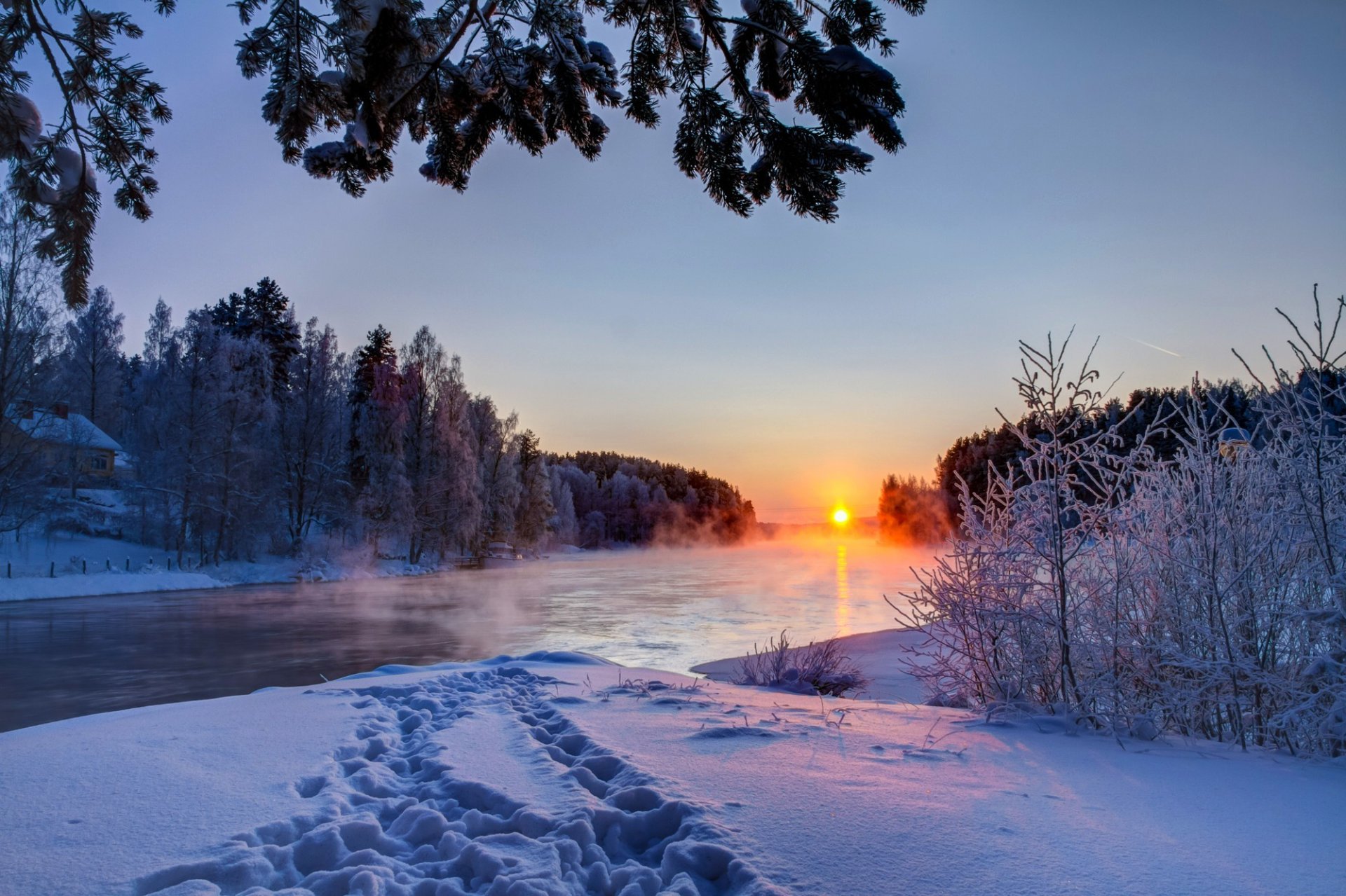 nature winter sunset snow river sky clouds white landscape sun beautiful cool nice scenery