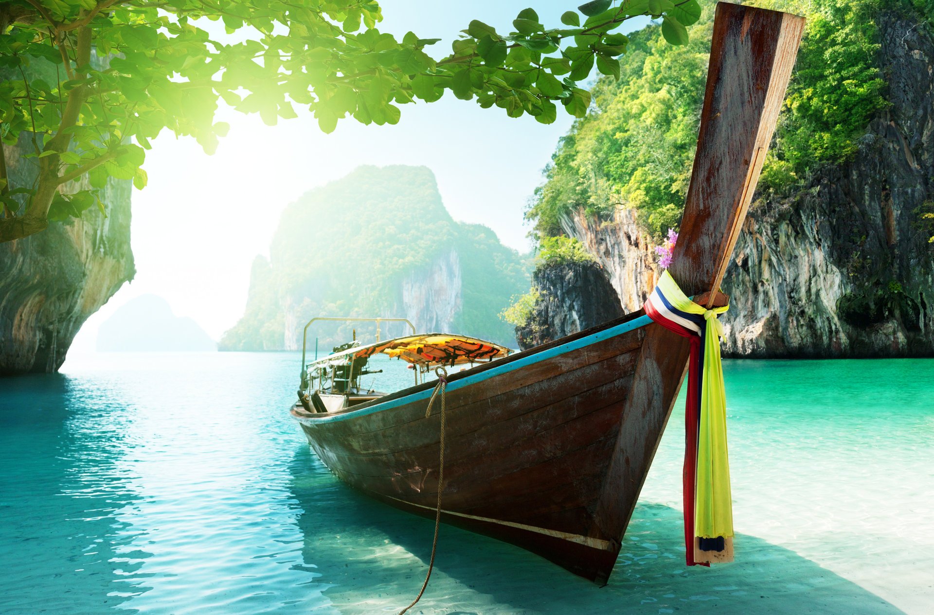 boat island thailand sea lake trees sky clouds landscape nature mountains ocean boats islands beautiful sunlight