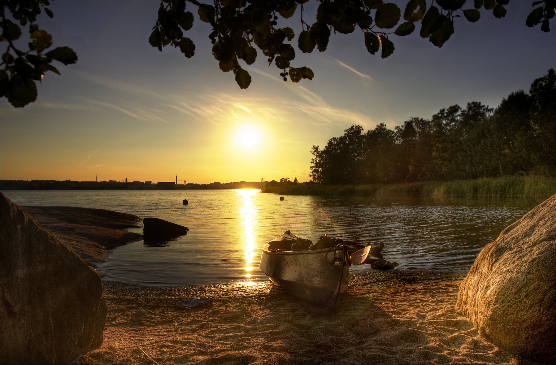 forest lake beach stones lumps boat sun morning summer