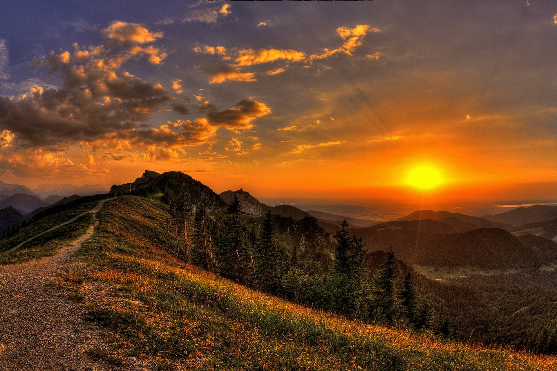 naturaleza puesta de sol sol rayos vista sendero montañas flores paisaje hierba árboles cielo nubes ver bosque pista