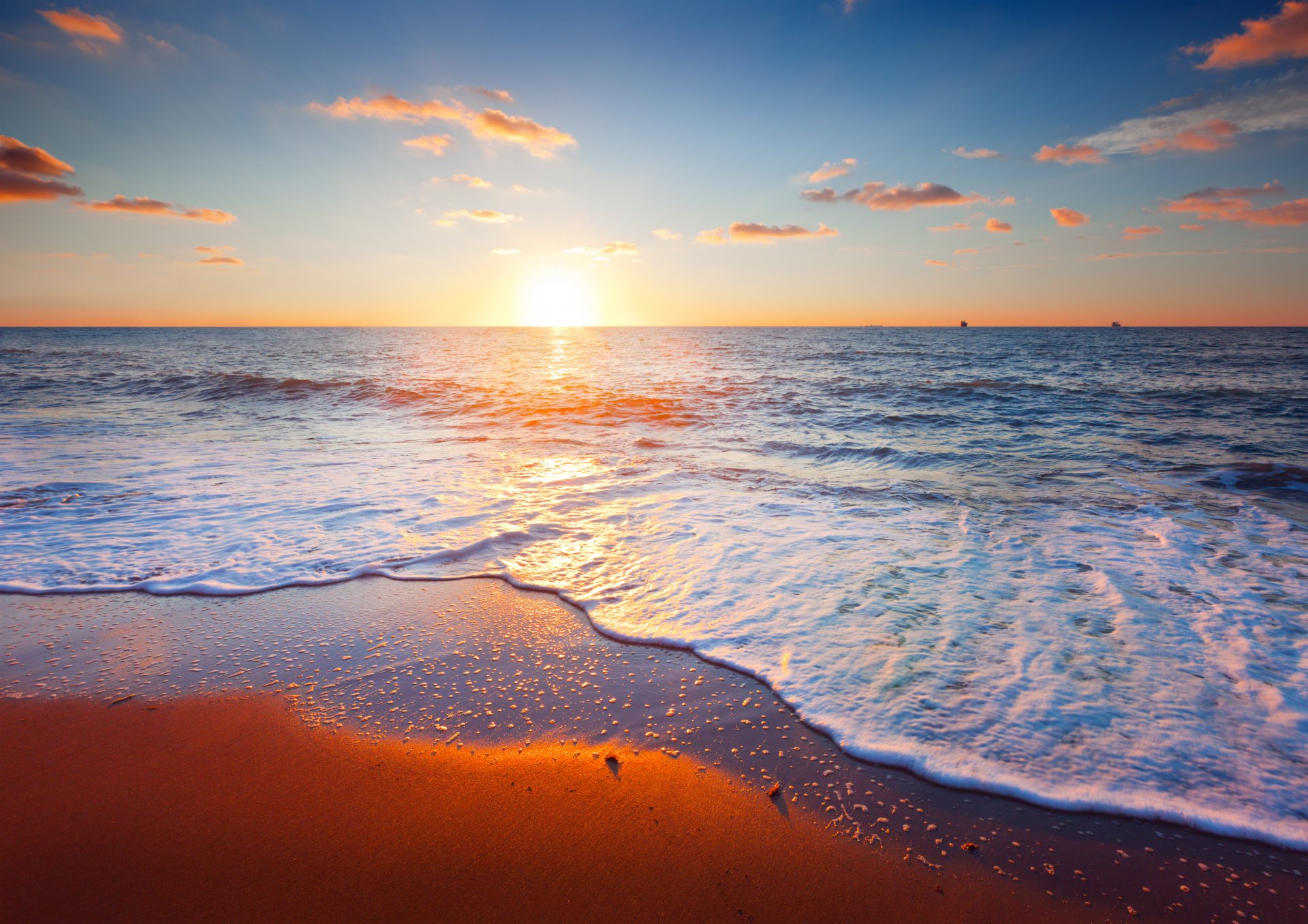 beautiful sunset scene sea sky clouds sand beach landscape nature