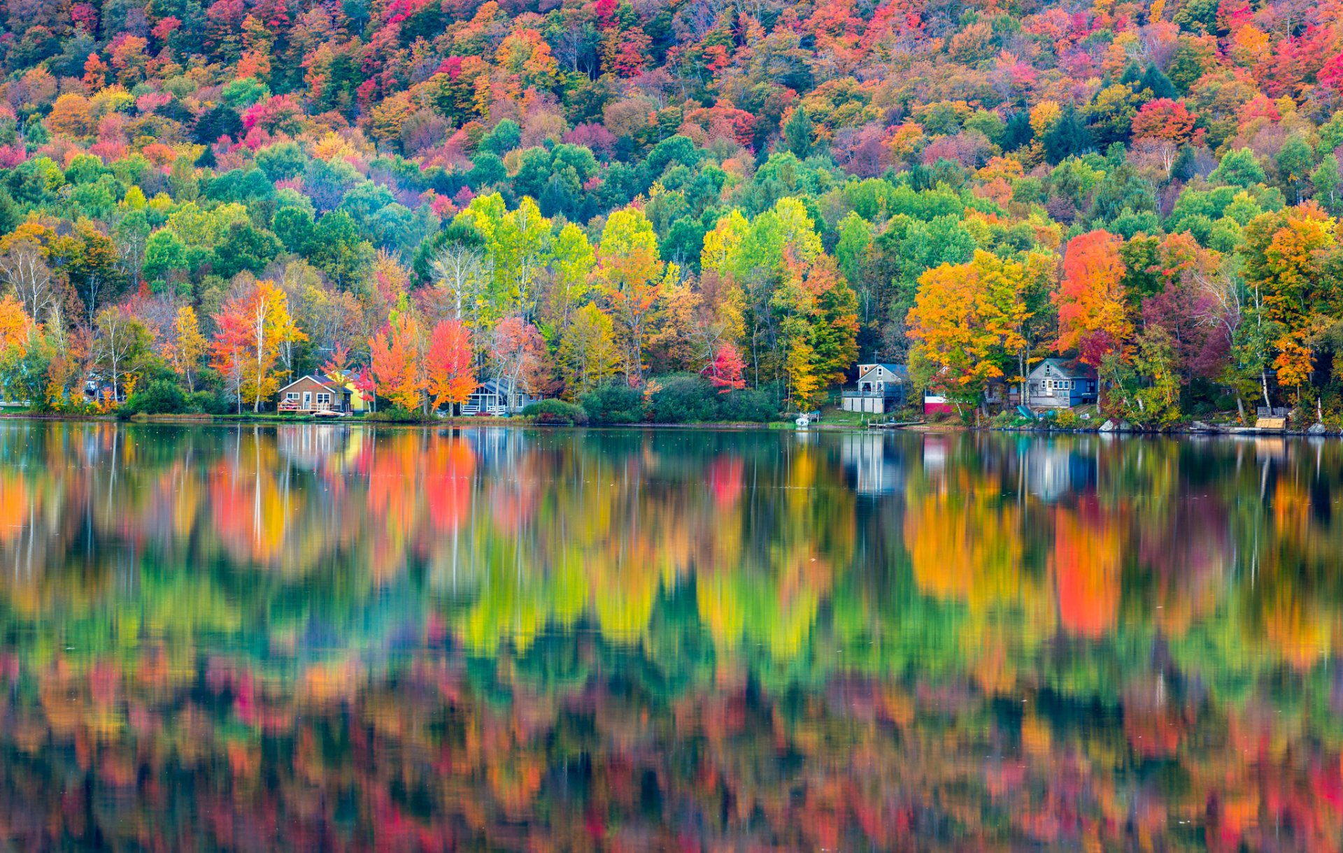 autumn forest house lake reflection