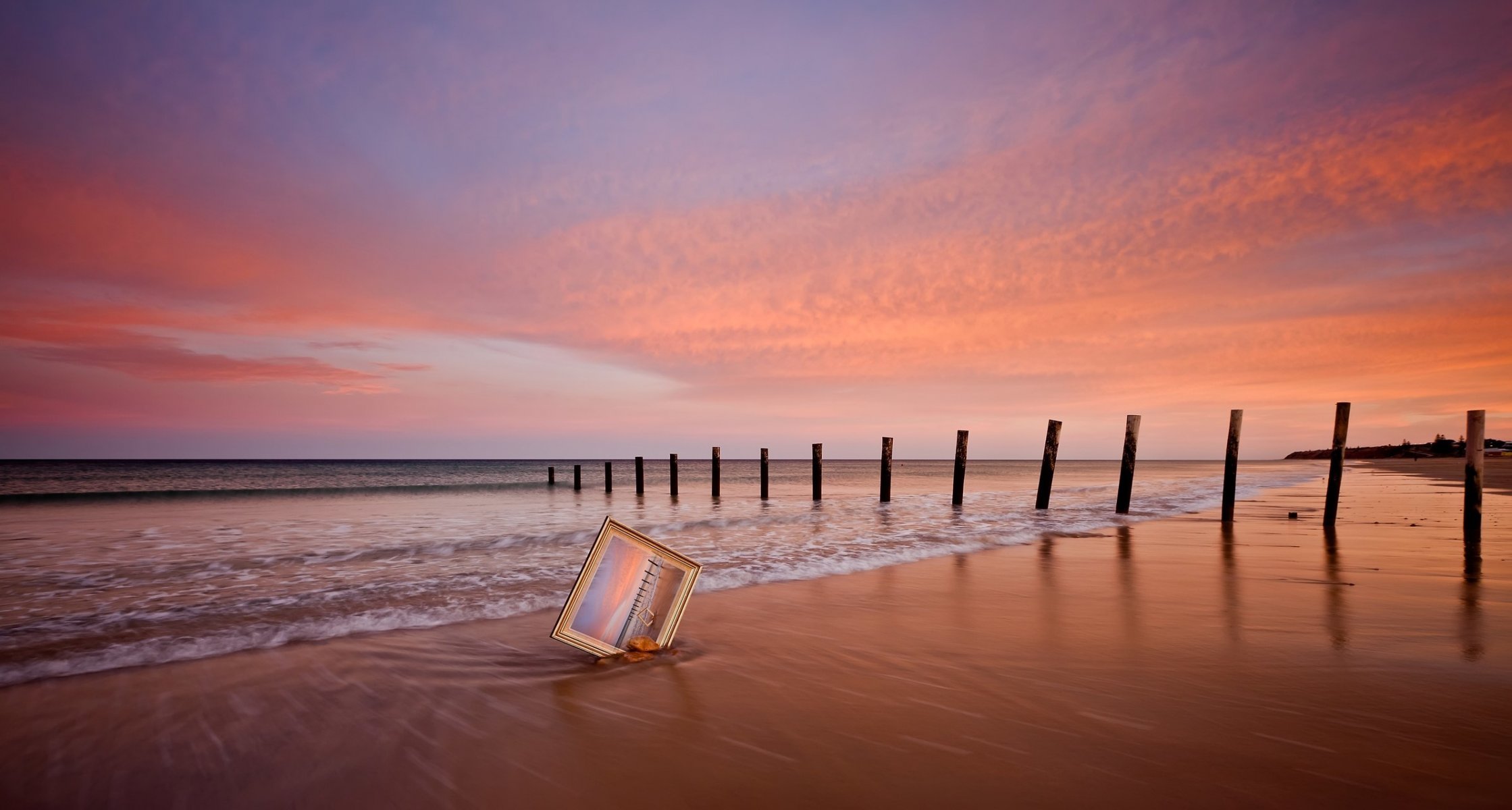 landschaft natur meer wasser welle sand rahmen rahmen malerei stöcke bretter horizont stille ruhe hintergrund tapete widescreen vollbild widescreen widescreen