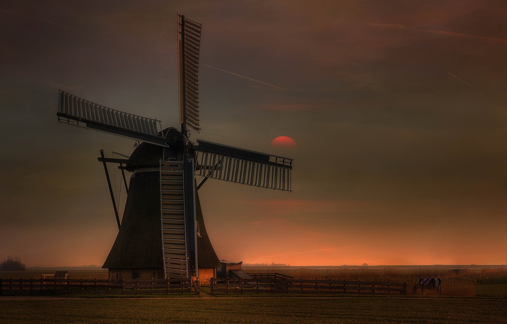 the field mill windmill fence night twilight