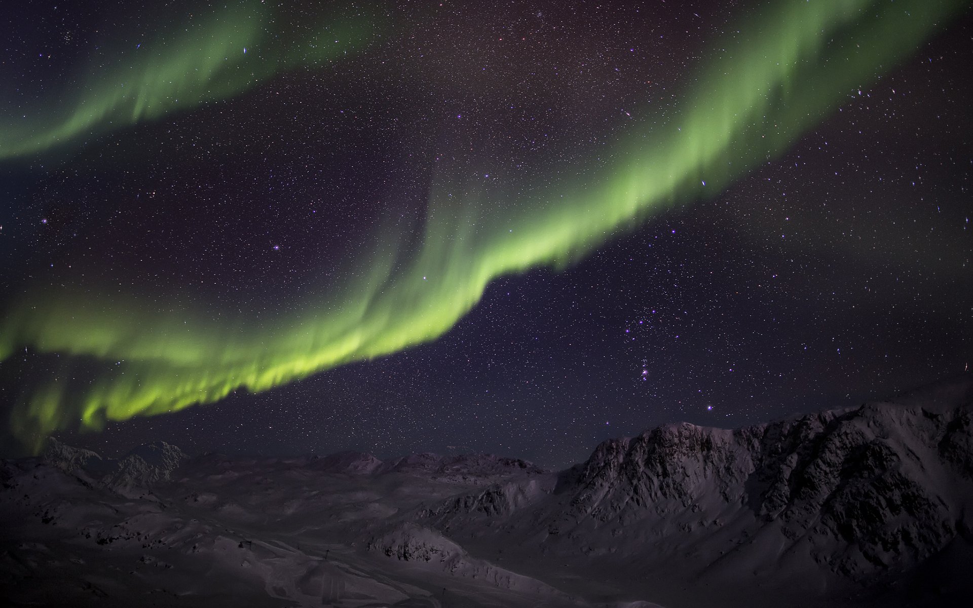 resplandor aurora boreal noche verde nieve invierno estrellas montañas