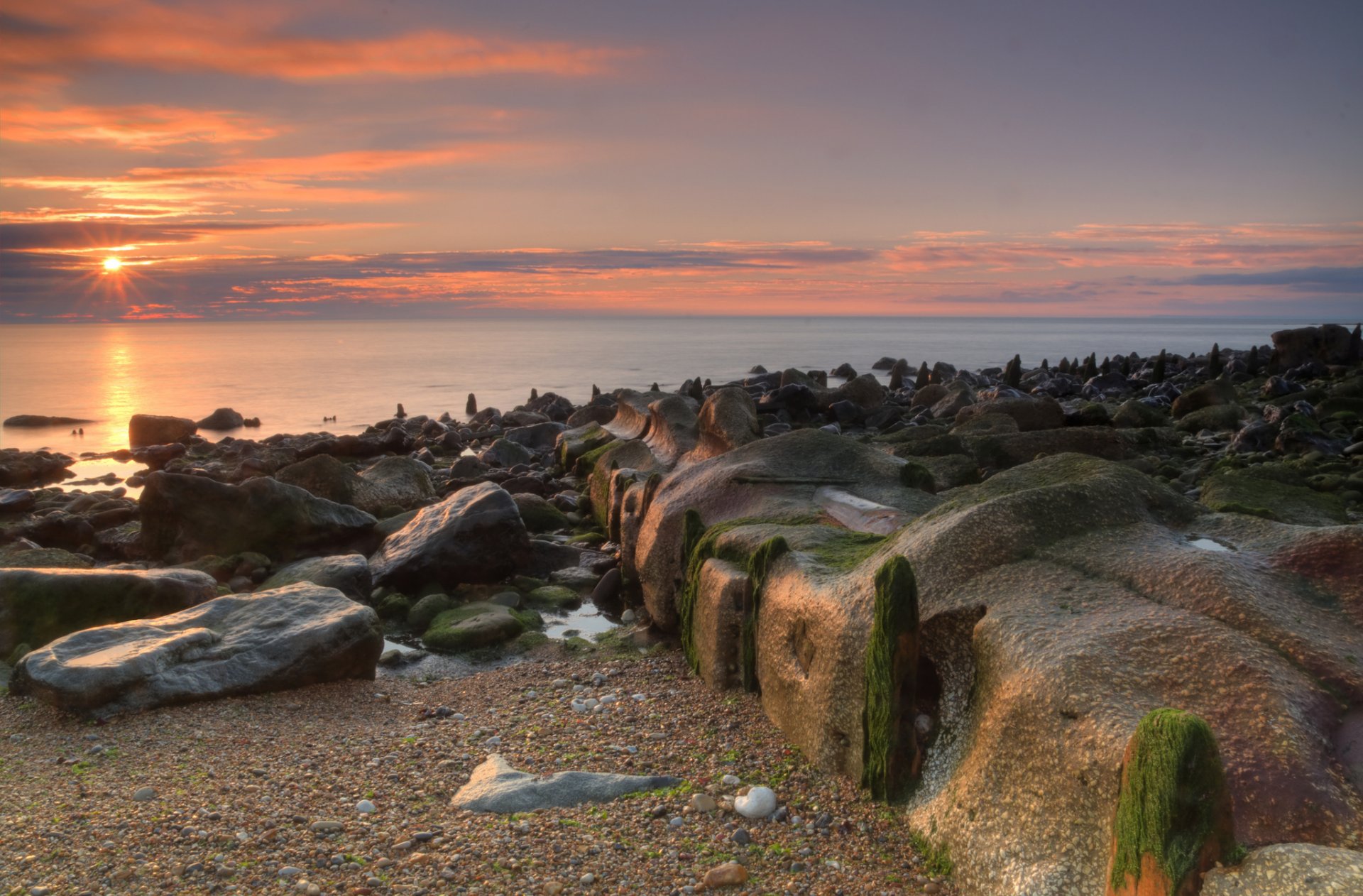 mare spiaggia rocce muschio sole alba