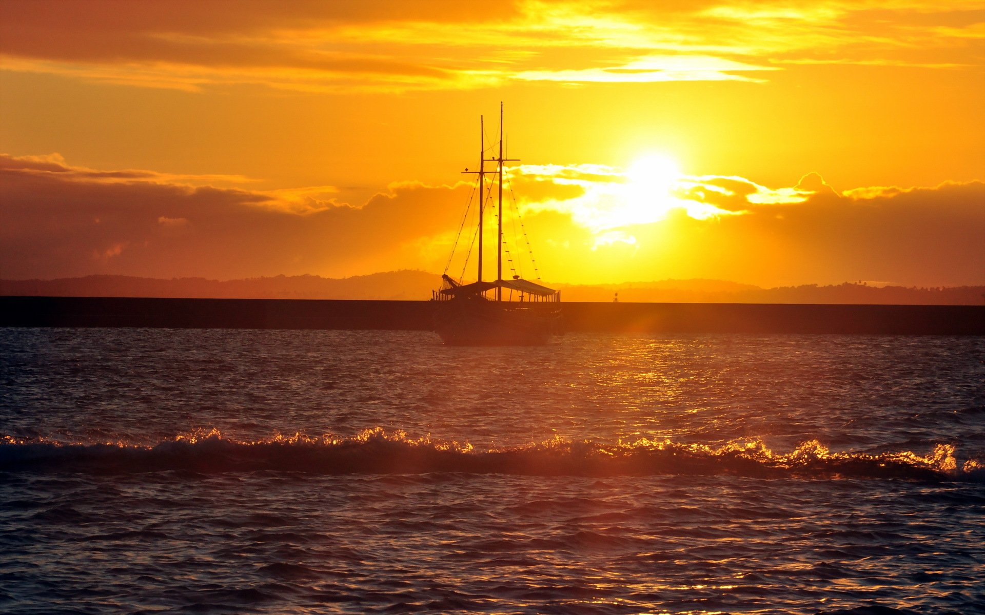 море закат корабль пейзаж