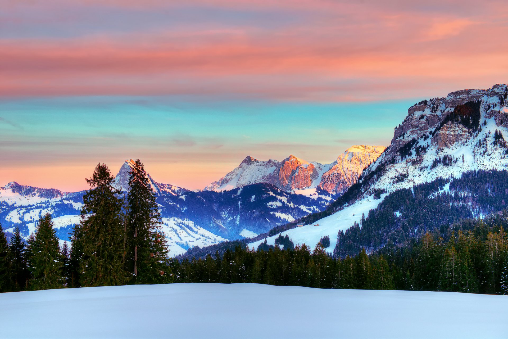 suiza montañas alpes invierno enero cielo nubes nieve bosque