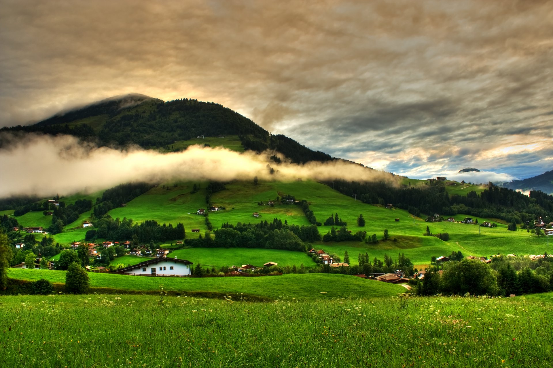 nature landscape grass trees green mountains sky clouds houses spring forest green view cool nice spring