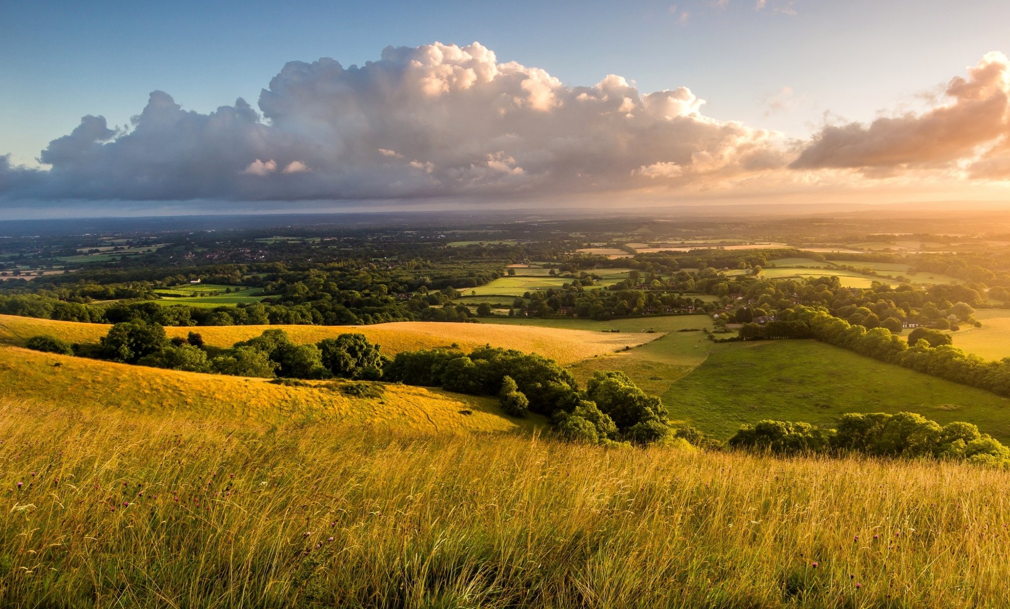 inghilterra regno unito paesaggio natura mattina alba cielo nuvole campi colline alberi erba campagna