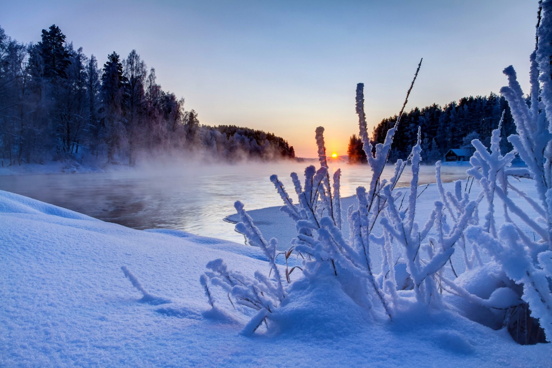 nature winter sunset snow river sky clouds white landscape sun beautiful cool nice scenery