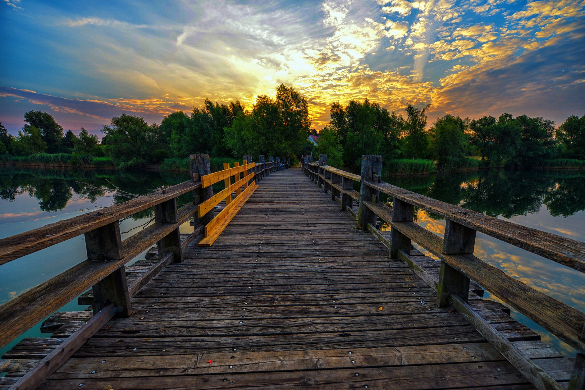 lago estanque puente tarde puesta de sol