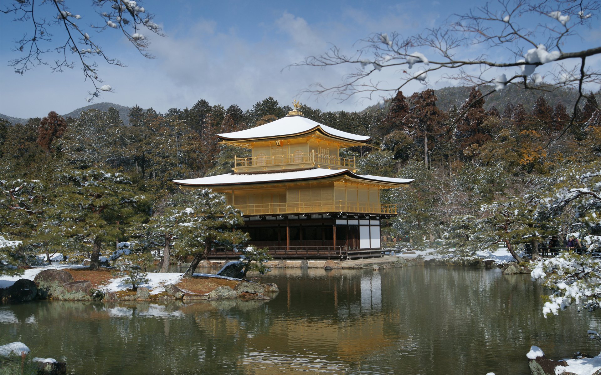 japan winter frühling see schnee haus bäume