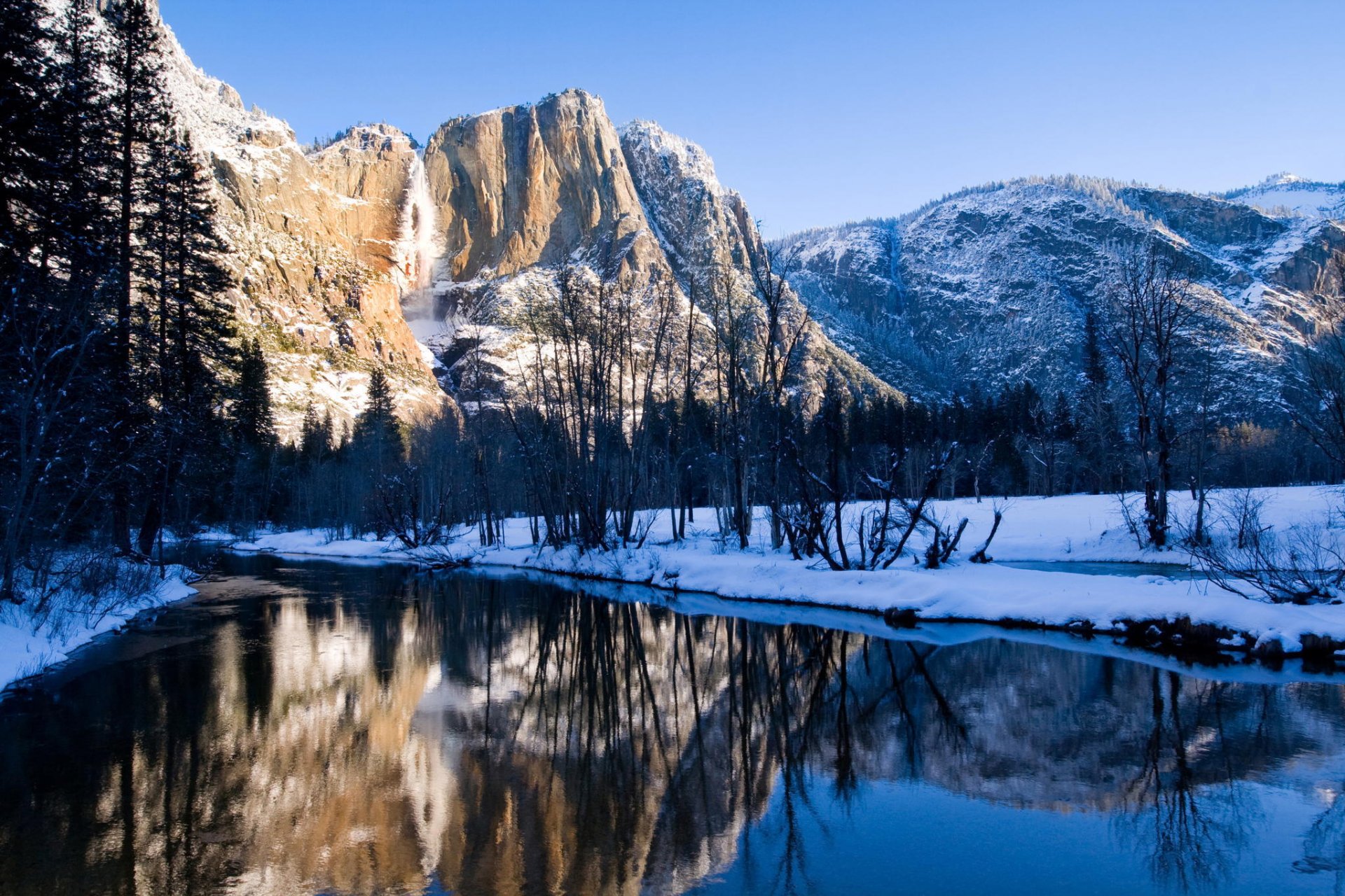 mountain winter snow forest creek tree