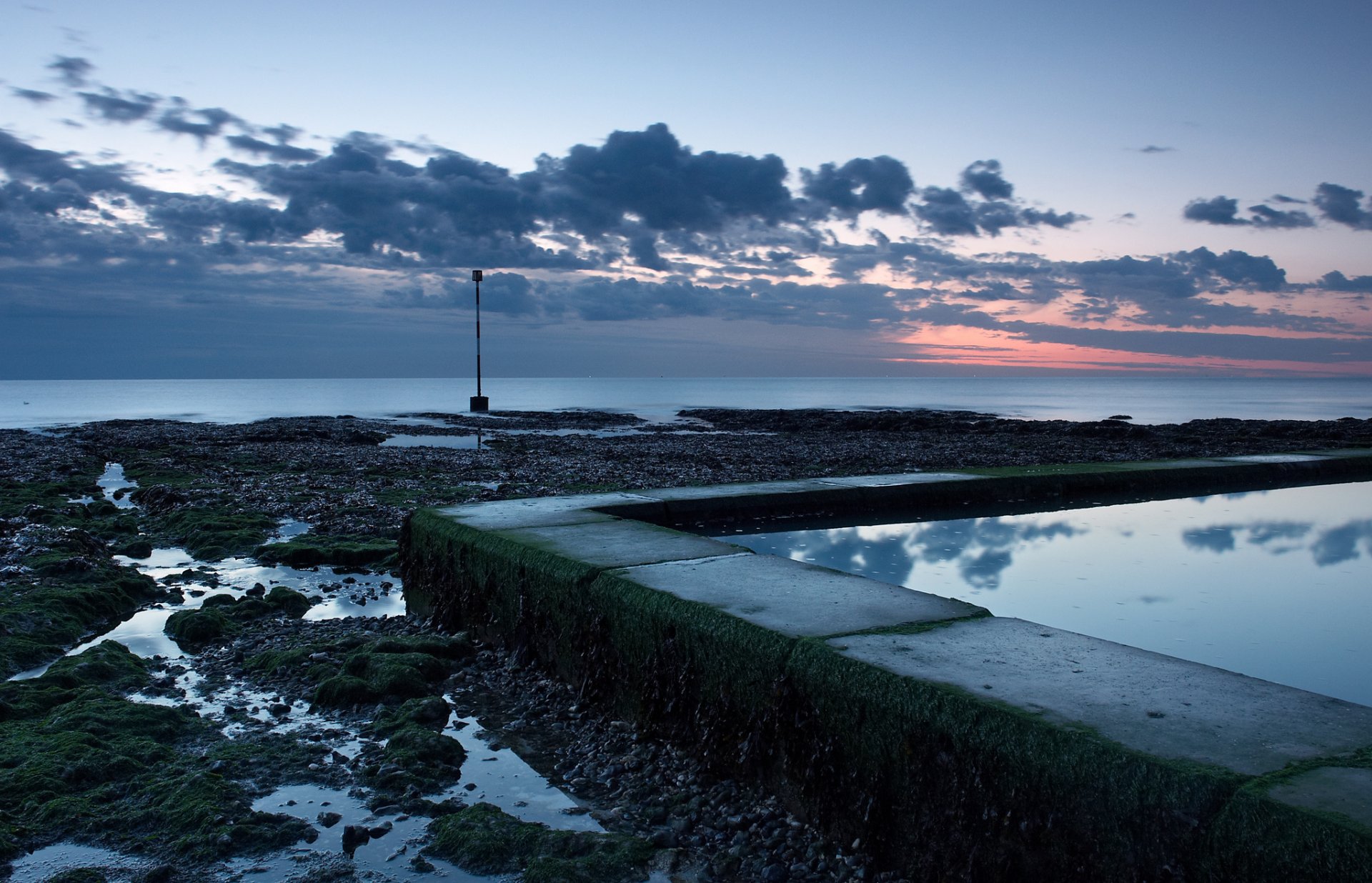 mer océan piscine côte côte soir coucher de soleil horizon bleu ciel nuages