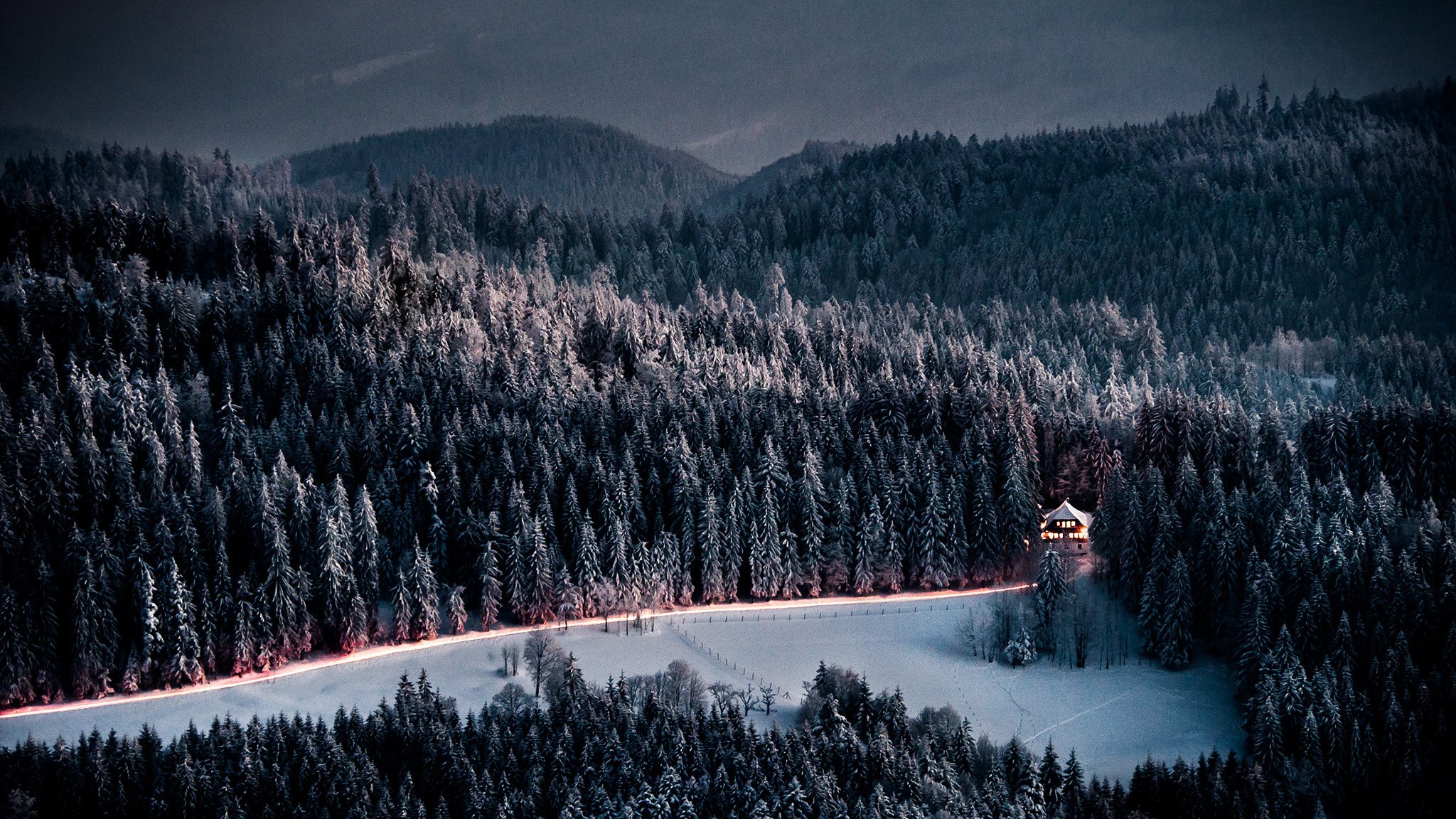 mountain forest spruce house road winter night twilight