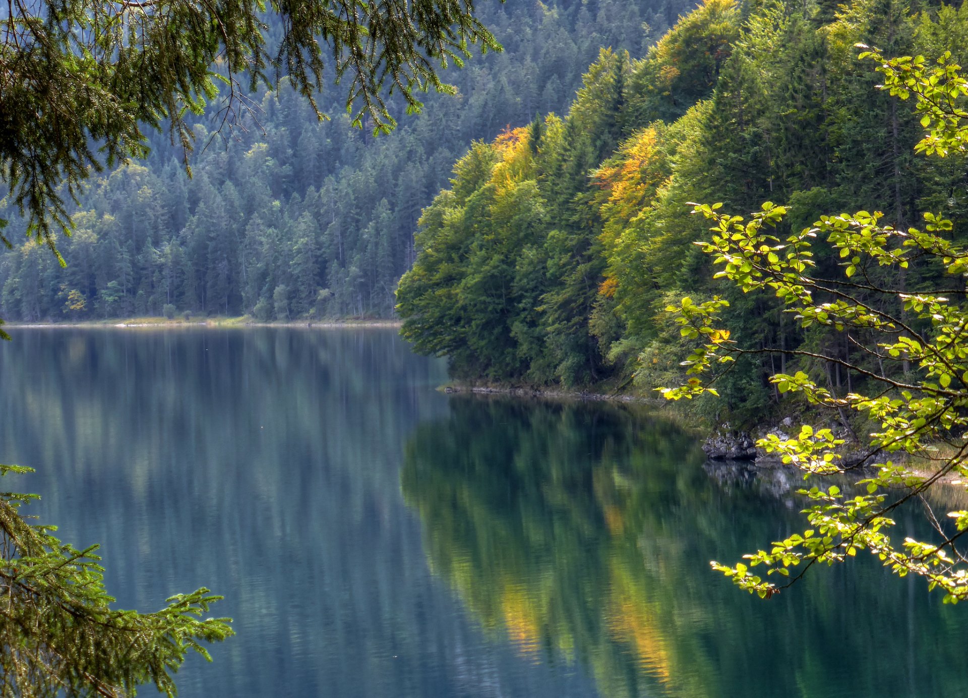 jezioro eibsee bawaria niemcy jezioro eibsee powierzchnia wody las odbicie jesień