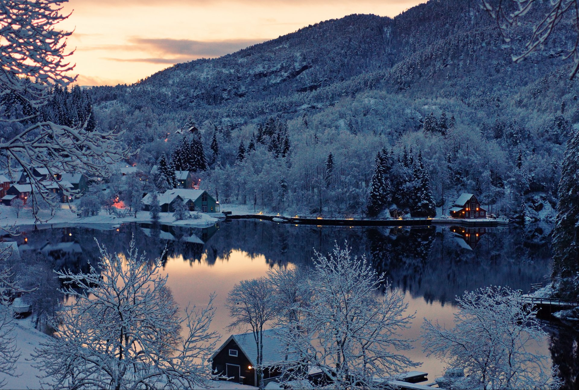 landscape finland sunset lake house winter snow