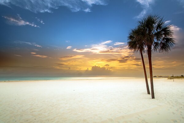 Biała piaszczysta plaża o zachodzie słońca