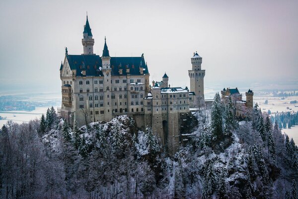 Das Schloss ist von schneebedeckten Bäumen umgeben