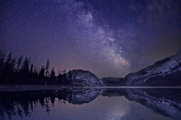 Reflection of the Milky Way in the night lake