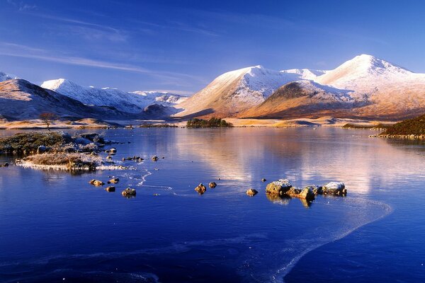 Winterlandschaft: Berge und See