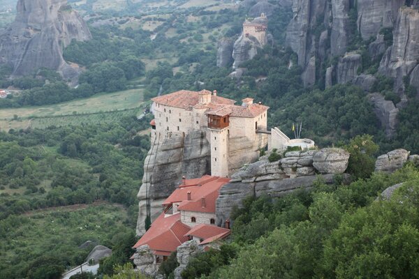 Morning Greece. Monastery complex among the rocks