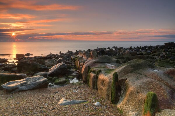 Duże kamienie na plaży o świcie